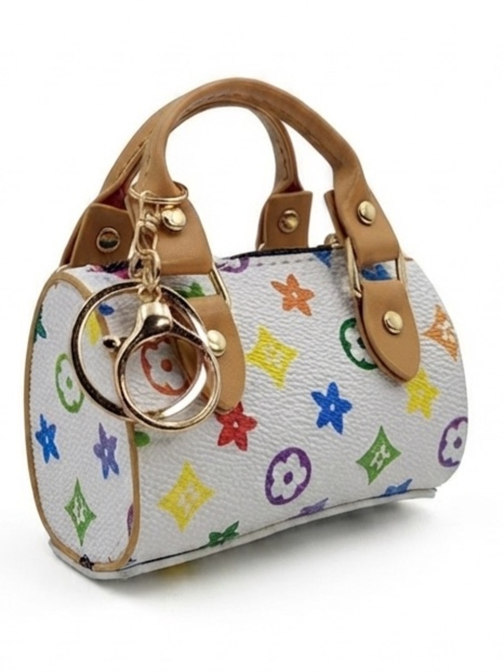 White Multicolor Mini Satchel Keychain Bag